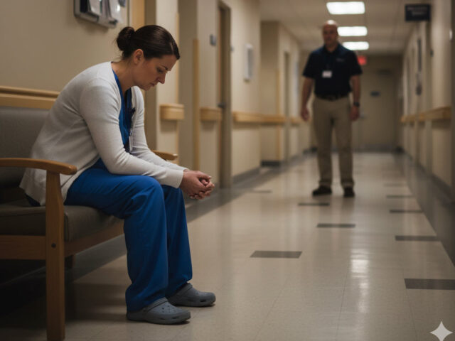 Female care worker sitting alone in a Canadian group home hallway, looking distressed as a blurred male supervisor stands in the background.