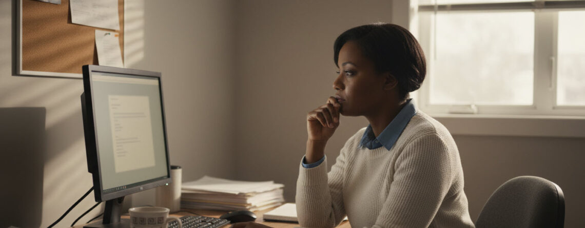 A professional person of colour in a small Ontario office looks thoughtfully over their computer screen, reflecting on whether to leave their job.