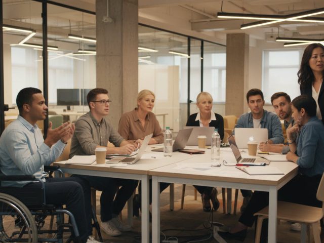 A diverse group of employees, including a team member using a wheelchair, collaborates around a table in a modern open-concept office.