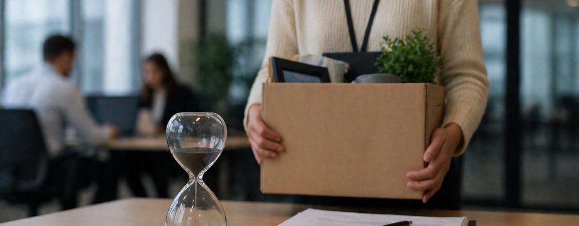 Employee holding a box of belongings beside an hourglass and contract on a desk, illustrating the end of a fixed-term employment contract.