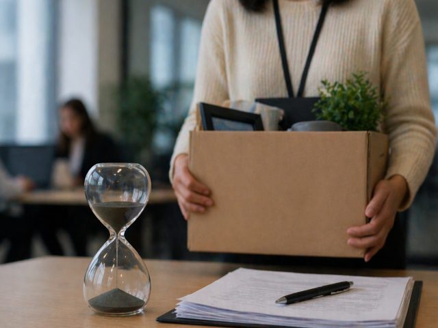 Employee holding a box of belongings beside an hourglass and contract on a desk, illustrating the end of a fixed-term employment contract.