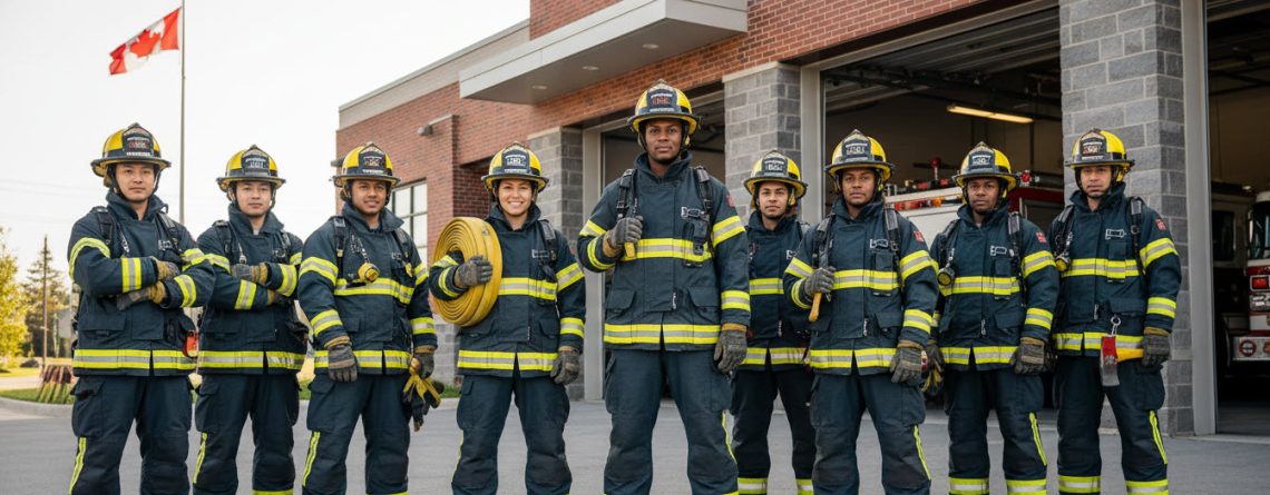 Diverse Ontario firefighters of different genders, racial backgrounds, and body types stand together in full gear outside a fire station, symbolizing fair and legitimate BFOR standards.