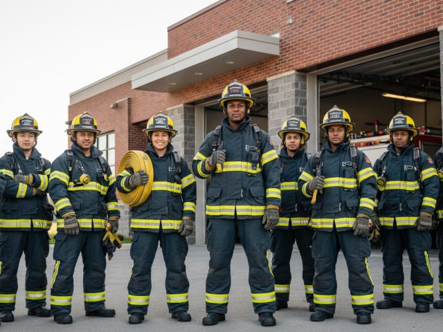Diverse Ontario firefighters of different genders, racial backgrounds, and body types stand together in full gear outside a fire station, symbolizing fair and legitimate BFOR standards.