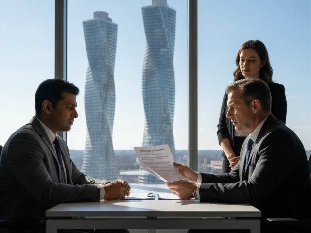A man in a Mississauga office receiving termination papers, with the Absolute World Towers visible through the window.