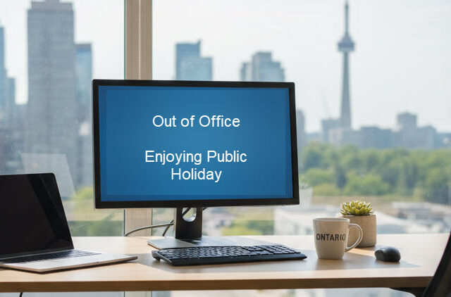 Bright Ontario office desk with a small Canadian flag and an “Out of Office” note, symbolizing statutory holidays and holiday pay compliance in Ontario.