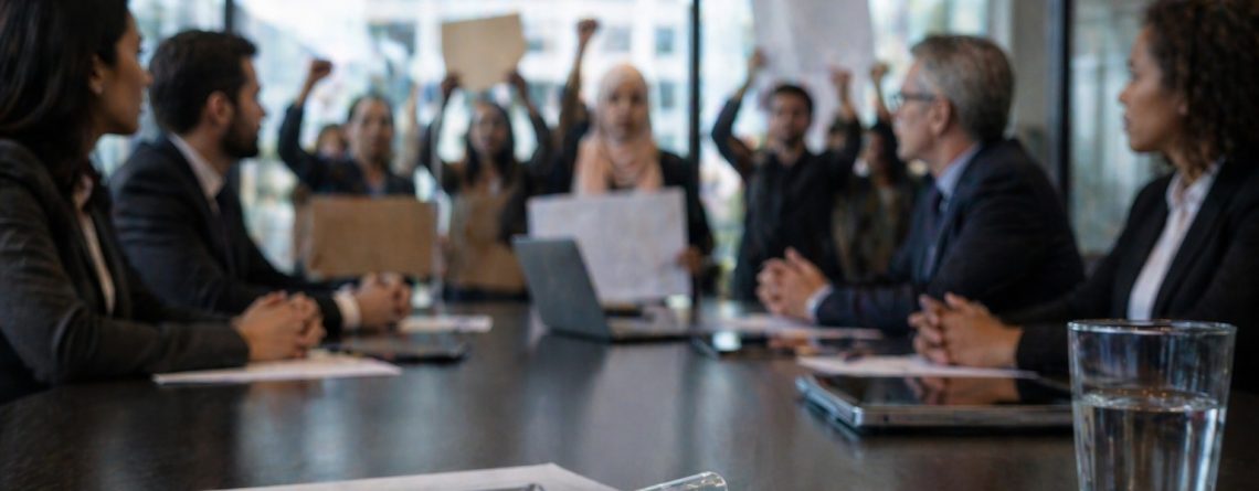 Boardroom executives meeting while a diverse group of employees protests with raised fists and signs outside the glass wall.