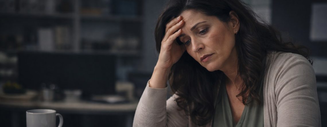 Woman at a desk holding her head in distress while reviewing a settlement agreement document, illustrating unconscionable agreements.