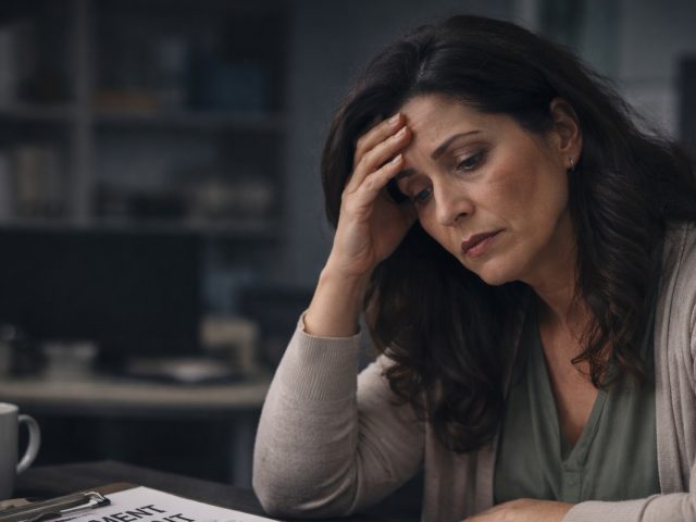 Woman at a desk holding her head in distress while reviewing a settlement agreement document, illustrating unconscionable agreements.