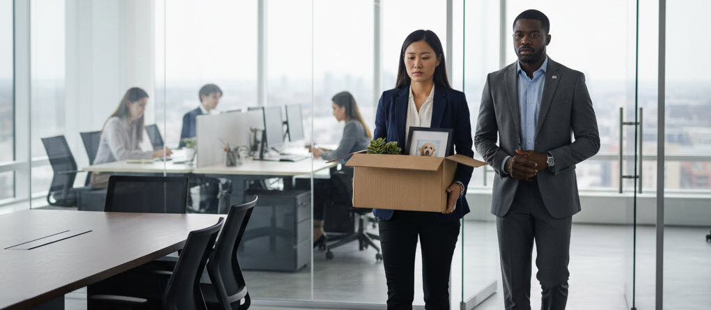 Employee escorted out of Toronto office by HR with box of belongings after being fired without cause.