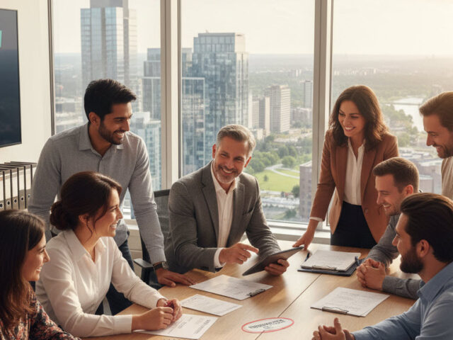 Diverse Ontario office team reviewing payroll and pay rates together, representing the 2025 minimum wage increase under Ontario’s Employment Standards Act.