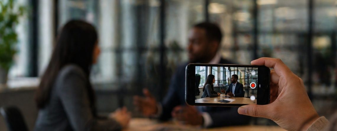 Smartphone held up to record a meeting between two colleagues in a glass-walled office, illustrating workplace recording.