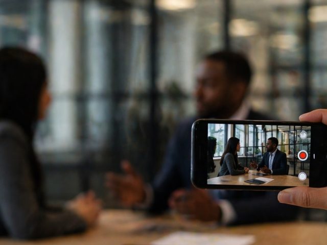 Smartphone held up to record a meeting between two colleagues in a glass-walled office, illustrating workplace recording.