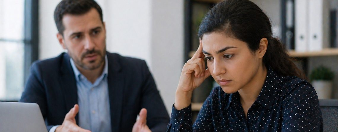 Worried woman sitting next to a manager at a laptop, illustrating the stress of making a complaint against an employer.