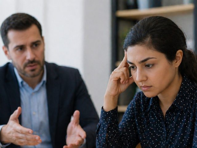 Worried woman sitting next to a manager at a laptop, illustrating the stress of making a complaint against an employer.