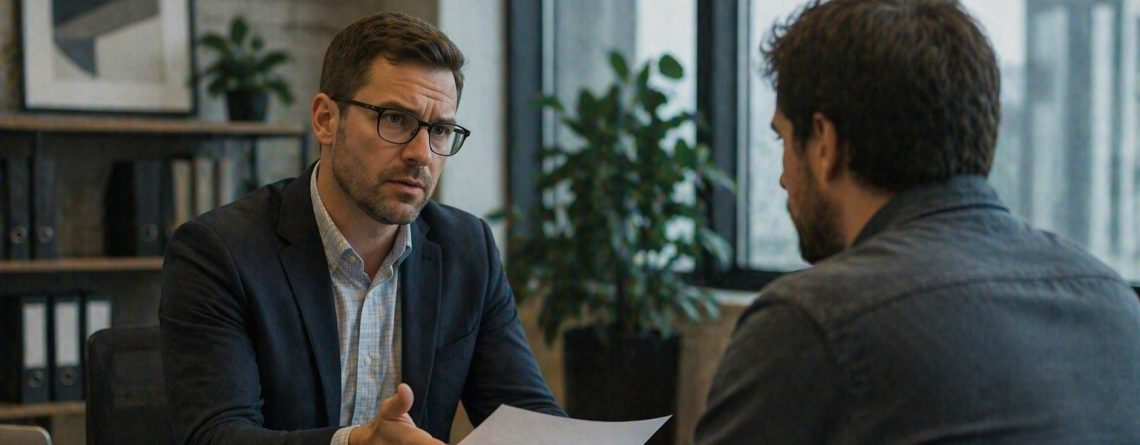 Business owner reviewing a contract with an independent contractor across a desk, illustrating a contractor termination conversation.