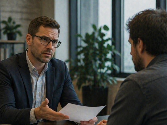 Business owner reviewing a contract with an independent contractor across a desk, illustrating a contractor termination conversation.