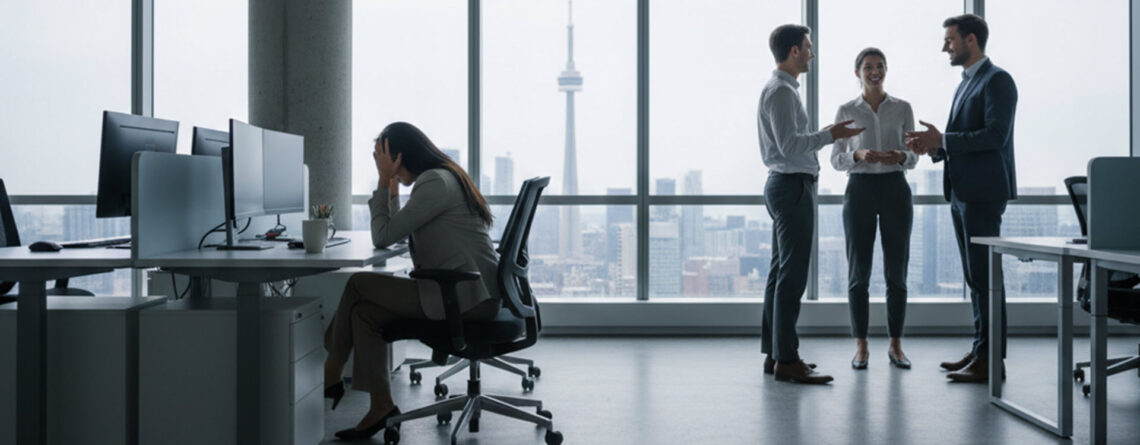 Young woman in a Toronto office sitting upset at her desk while colleagues in the background ignore her, illustrating a toxic workplace and constructive dismissal in Ontario.