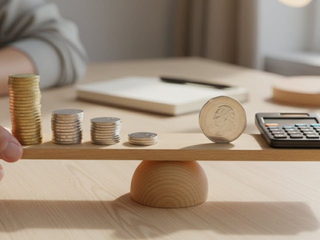 A balance board on a fulcrum with stacks of Canadian coins on one side and a contrasting object on the other, symbolizing weighing financial decisions.
