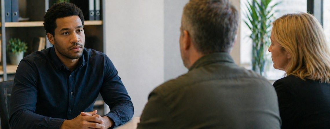 Employee meeting with two managers across a desk, illustrating the workplace context of the Mr. T v. SilverBullet Solutions case.
