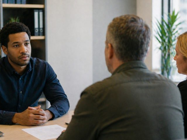 Employee meeting with two managers across a desk, illustrating the workplace context of the Mr. T v. SilverBullet Solutions case.