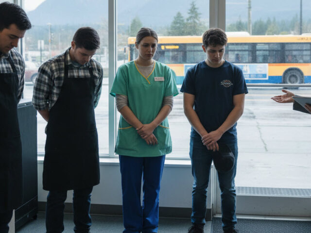 Group of casual workers, including restaurant and daycare staff, looking disappointed as a manager sends them home early — illustrating British Columbia’s minimum daily pay “2-hour rule.”