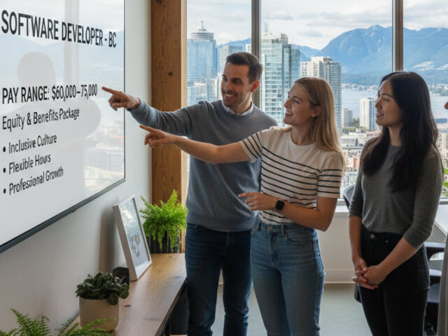 A diverse group of employees reviews salary ranges on a digital job posting in a modern BC office, symbolizing pay equity and compliance with the Pay Transparency Act.