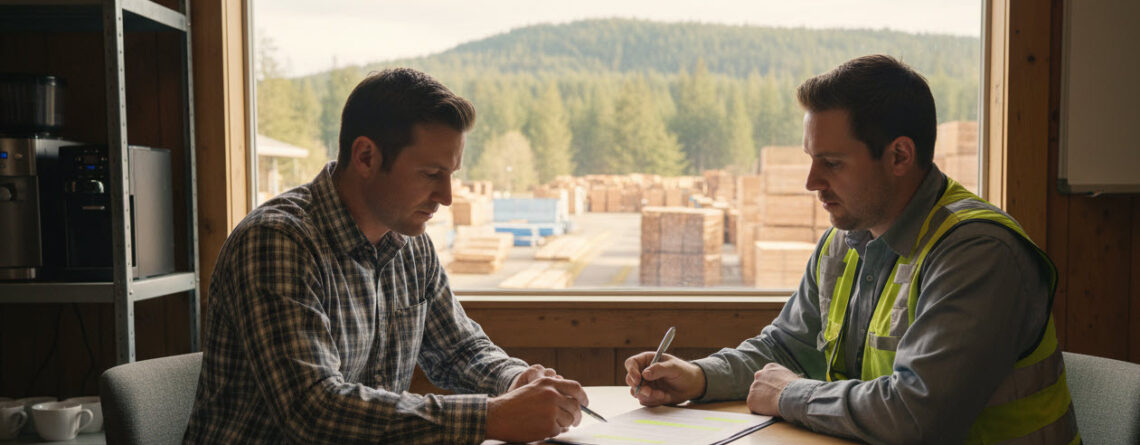 A manager and an employee review an employment contract inside a BC lumber company office, with stacks of lumber visible outside, symbolizing real-world employment law issues in industrial workplaces.