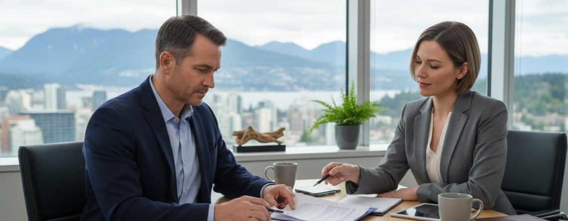 A mid-career employee reviews severance documents with a legal advisor in a modern BC office, symbolizing how Bardal factors are considered when determining reasonable notice.