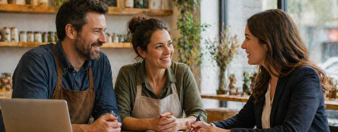 Two small business owners in aprons meeting with a lawyer at their café, discussing legal advice.