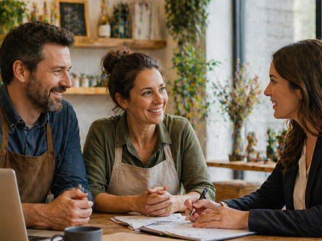 Two small business owners in aprons meeting with a lawyer at their café, discussing legal advice.