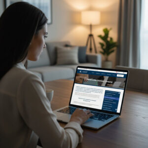 Woman sitting at her table looking at the Achkar Law employment lawyer website on her laptop after being constructively dismissed in Ontario and seeking legal help.