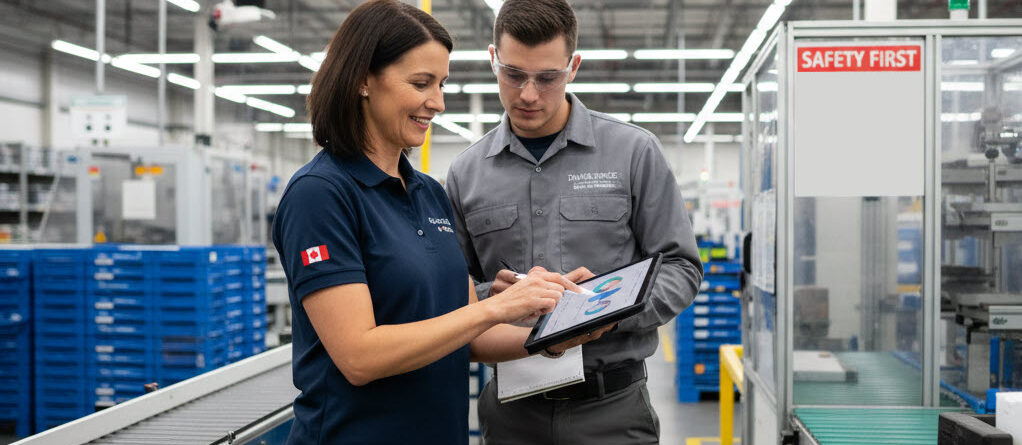 Manager showing an employee information on a tablet in a modern Ontario workplace, illustrating a probation period review or training discussion.