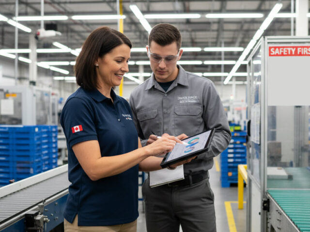 Manager showing an employee information on a tablet in a modern Ontario workplace, illustrating a probation period review or training discussion.