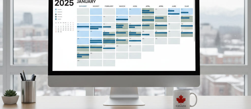 Modern Canadian office desk with a computer displaying a digital 2025 calendar, representing the number of workdays and weeks in Canada.
