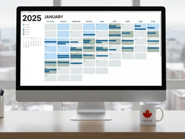 Modern Canadian office desk with a computer displaying a digital 2025 calendar, representing the number of workdays and weeks in Canada.