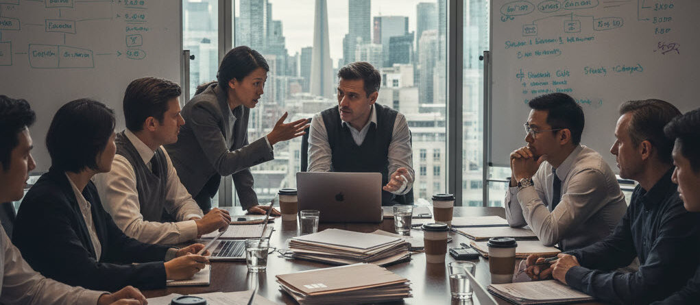 Union and employer representatives in a tense arbitration meeting in a Toronto boardroom, reviewing documents during collective bargaining discussions.