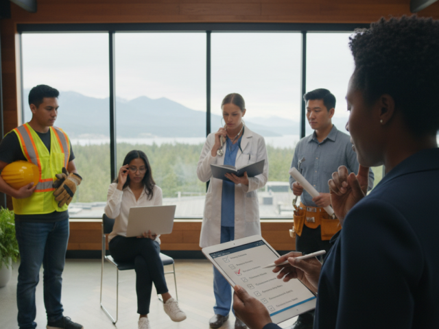 Diverse job applicants display different job-related tools while a hiring manager reviews a checklist, symbolizing bona fide occupational requirements in British Columbia.