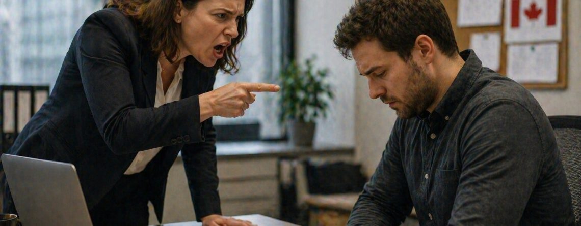 Manager standing and pointing aggressively at a seated employee, illustrating a just cause termination conversation in a Canadian workplace.