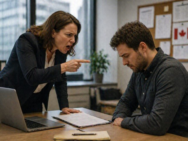 Manager standing and pointing aggressively at a seated employee, illustrating a just cause termination conversation in a Canadian workplace.