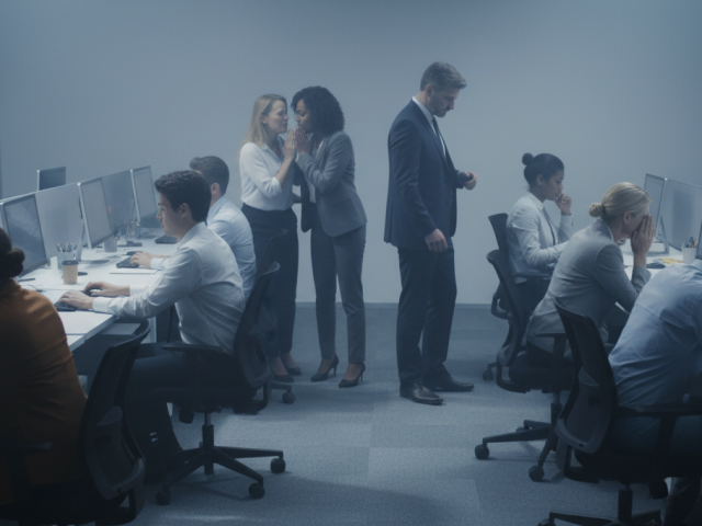 A tense, uncomfortable office scene where employees appear stressed, isolated, or excluded, symbolizing a toxic or poisoned work environment.