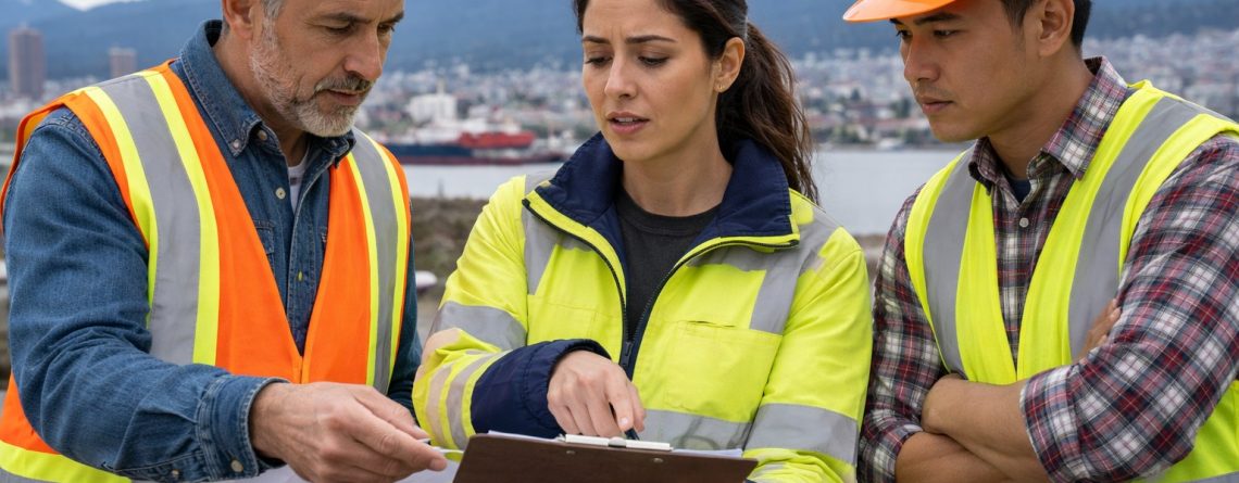 Three construction workers in safety gear reviewing job duty changes on a clipboard at a BC worksite with mountain and harbour views.