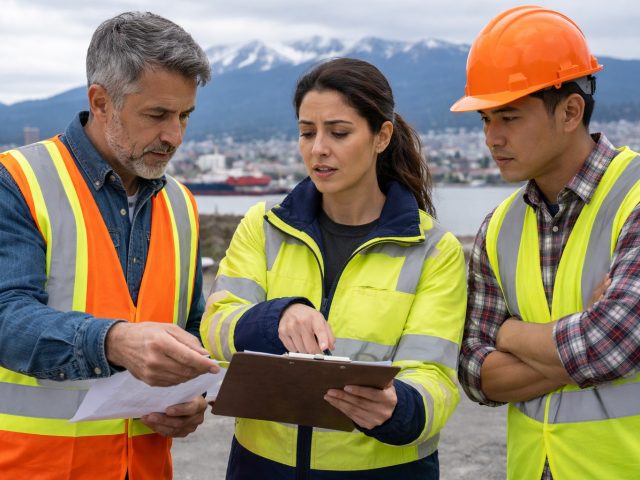 Three construction workers in safety gear reviewing job duty changes on a clipboard at a BC worksite with mountain and harbour views.