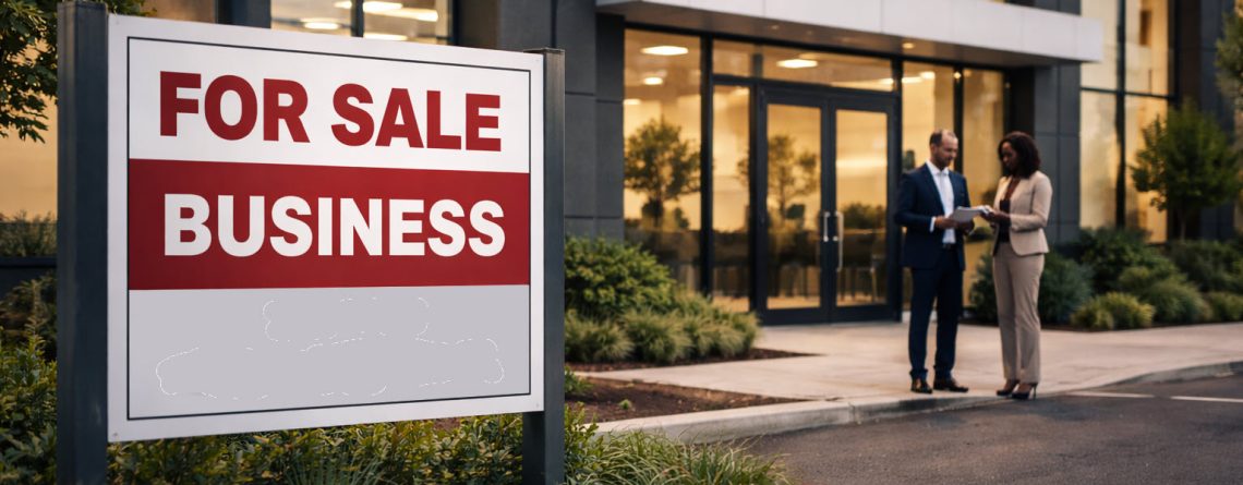 "For Sale Business" sign outside a commercial building with two professionals reviewing documents at the entrance, illustrating business sales and employment law in Ontario.