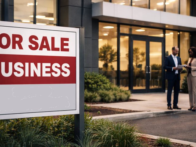 "For Sale Business" sign outside a commercial building with two professionals reviewing documents at the entrance, illustrating business sales and employment law in Ontario.