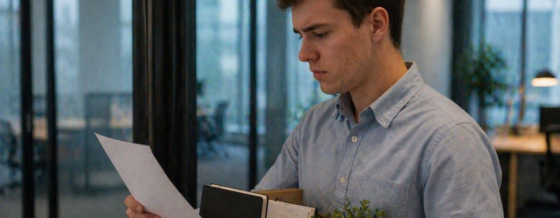 Young employee holding a Record of Employment letter while carrying a box of belongings out of the office.