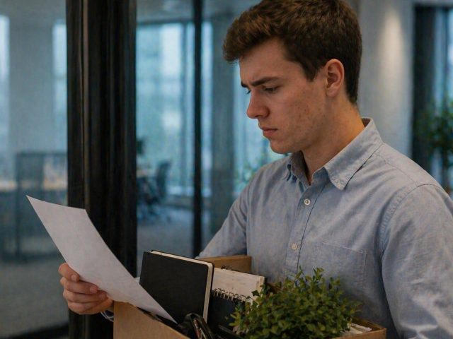 Young employee holding a Record of Employment letter while carrying a box of belongings out of the office.