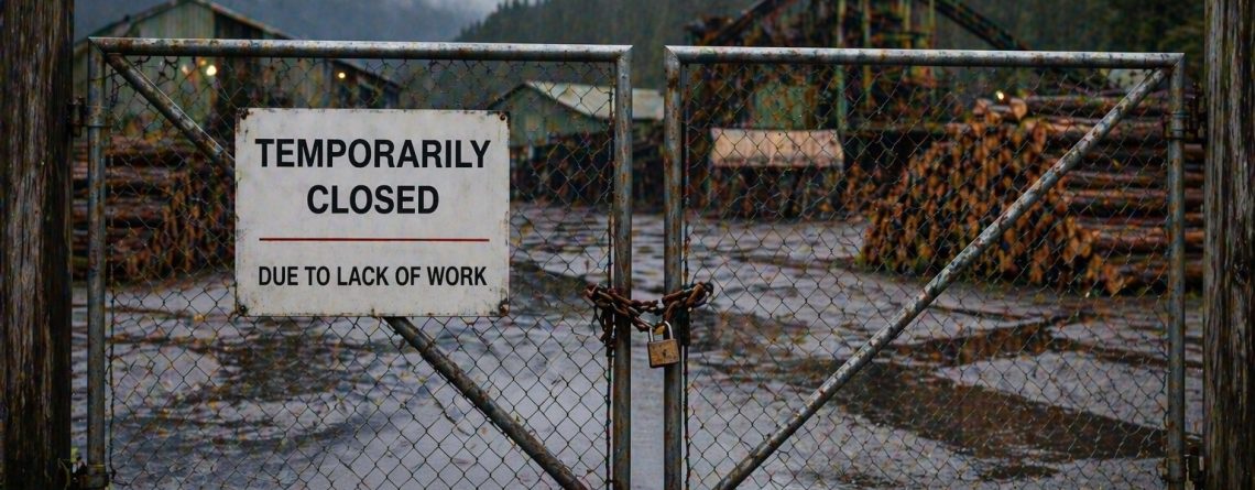 Padlocked chain-link gates at a BC lumber yard with a "Temporarily Closed Due to Lack of Work" sign, illustrating temporary layoffs.