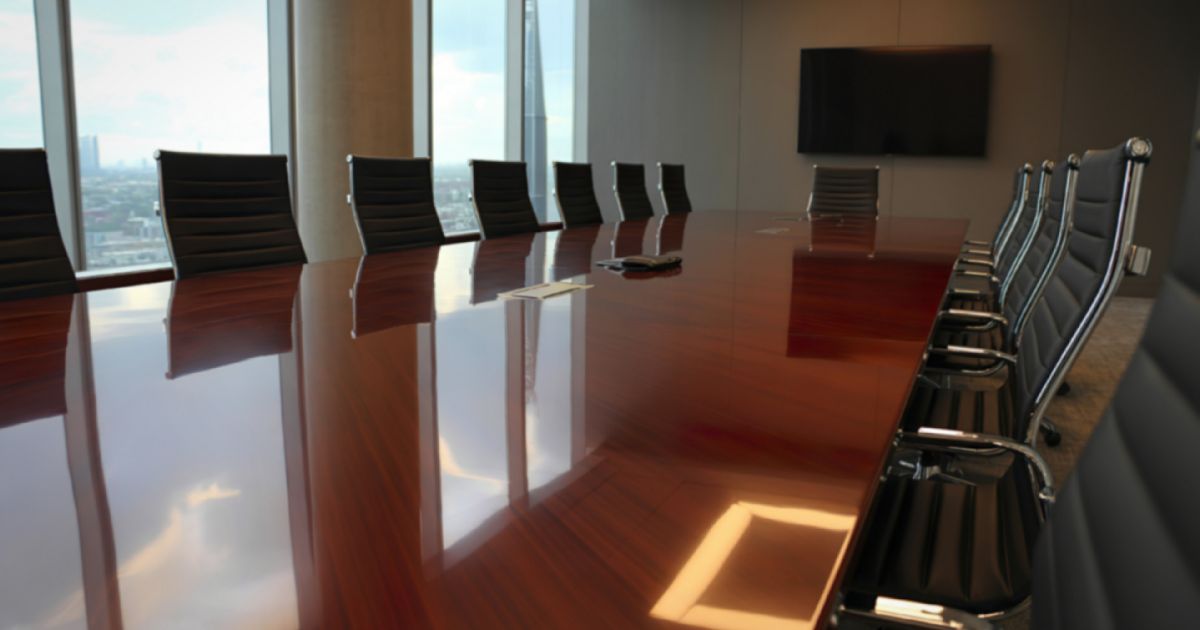 Empty boardroom with long table and city view, collective bargaining labour lawyers representing unions and employers.
