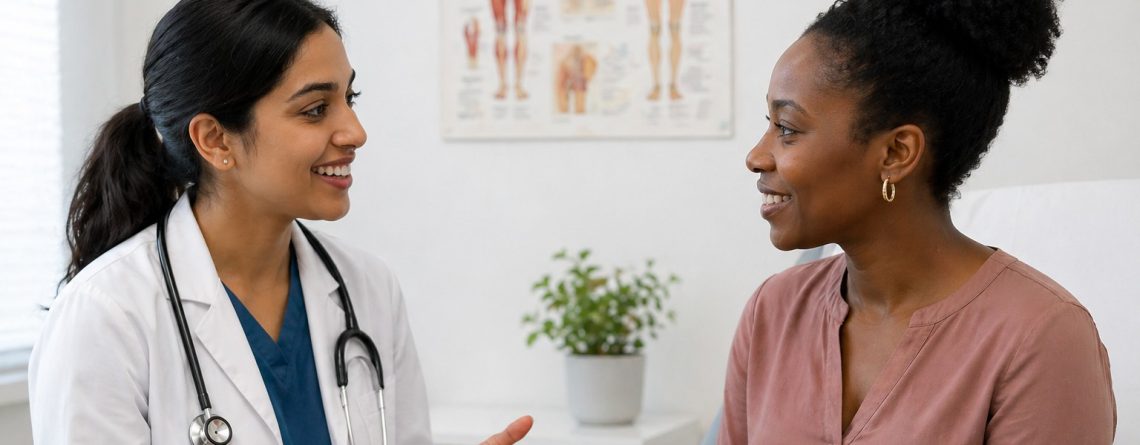 Doctor in a white coat speaking with a patient in a clinic, illustrating obtaining a doctor's note for workplace accommodation.