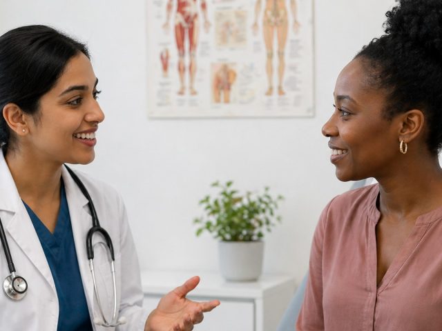 Doctor in a white coat speaking with a patient in a clinic, illustrating obtaining a doctor's note for workplace accommodation.